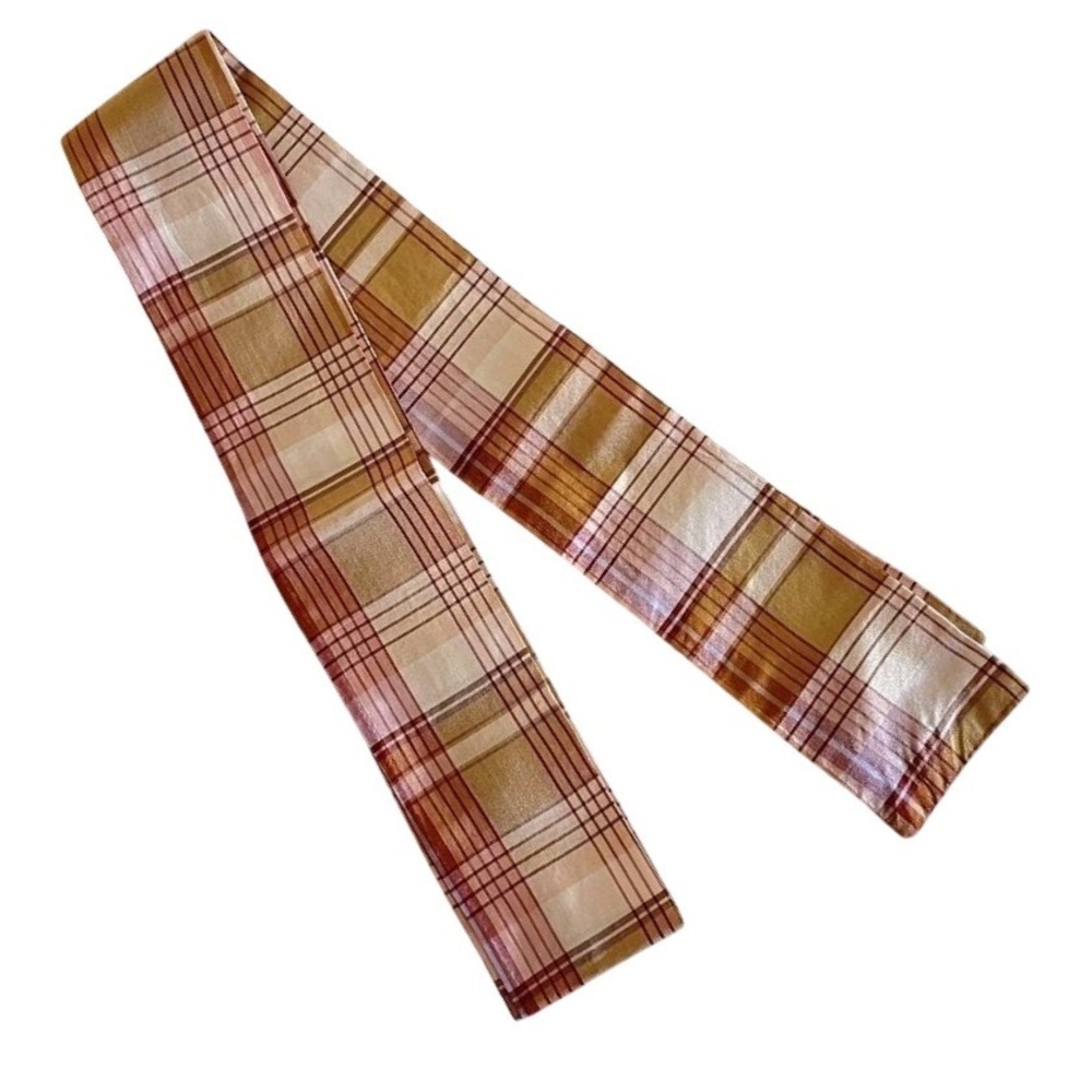 Vintage Groovy Mcm Patterned Tie Hair Neck Scarves‎ 2x48 Red Yellow Plaid 70's